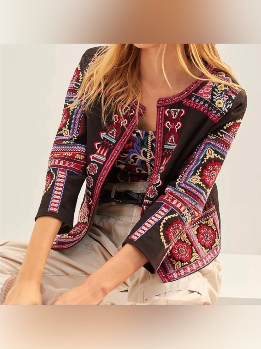 By ANTHROPOLOGIE Abstract Beaded and Embroidered Open Front Jacket - XS